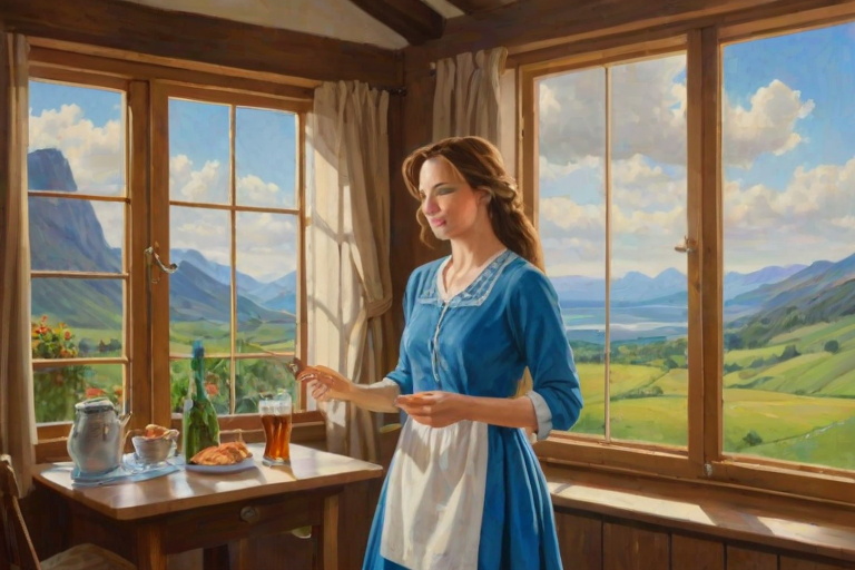 In "A Glass of Beer on the Highland," a serene scene is depicted in a sunlit room where a woman in a vibrant blue dress stands by a large window. She holds a tray with a hearty meal and a frothy glass of beer, embodying a moment of relaxation. Outside, the breathtaking highland landscape features rolling green hills and a charming traditional house, all bathed in warm afternoon light. The interior is adorned with potted plants, creating a harmonious blend of comfort and nature. The painting beautifully captures the tranquility and joy found in simple pleasures amidst stunning scenery