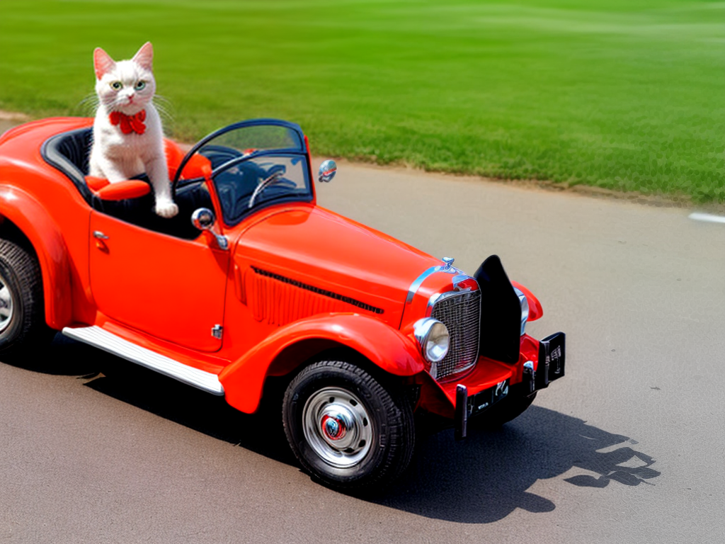 cat driving a red toy car