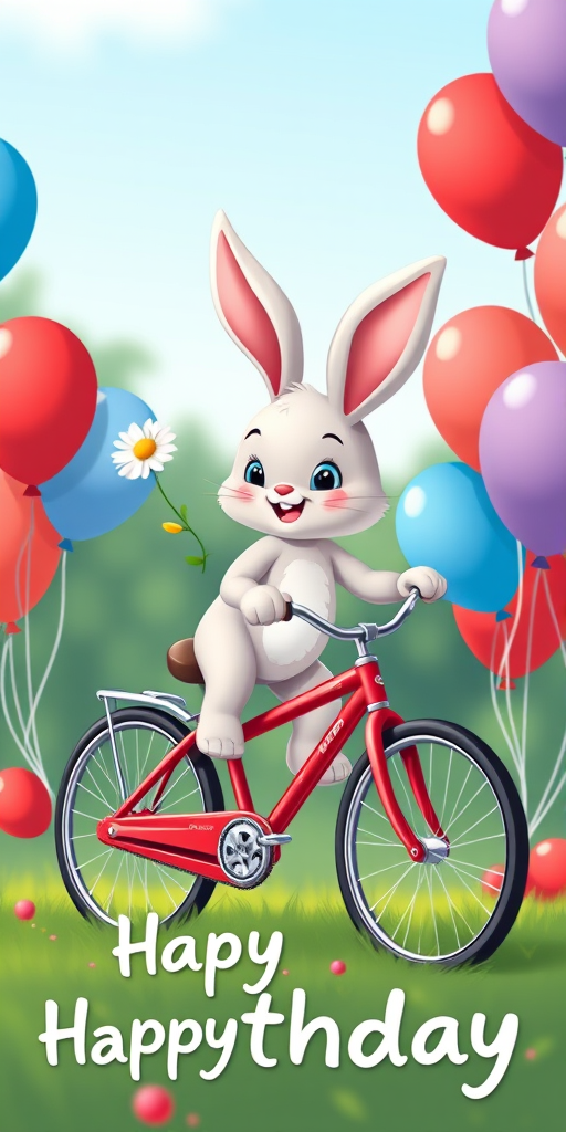 Create a vibrant illustration of a cartoon bunny riding a red bicycle, holding a daisy, surrounded by red and blue balloons, with the text "Happy Birthday" in playful typography; use a 50mm lens, aperture f/2.8, ISO 100, shot with a digital SLR camera in a bright outdoor setting to enhance color saturation and details.