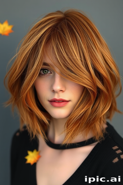 Autumnal copper bob with subtle gold leaf accents, Harvest's hair captures the warmth of fall, with textured layers and face-framing pieces that resemble gently falling leaves