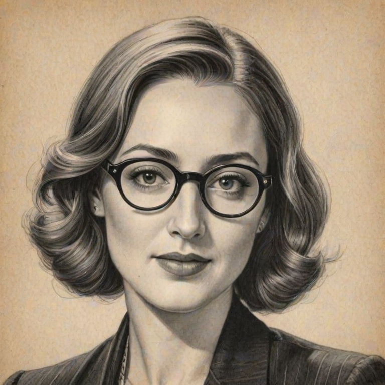 Magnificent Bree Turner, pencil sketch, portrait of Fetching woman 1930s in glasses, hair style beatnik, outline, clear lines, fine lines, 8k