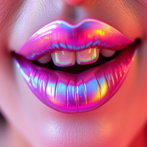 Iridescent holographic lip gloss "Unicorn Dreams" that shifts colors in different lighting, creating a mesmerizing effect for festivals and artistic makeup, non-sticky and lightweight
