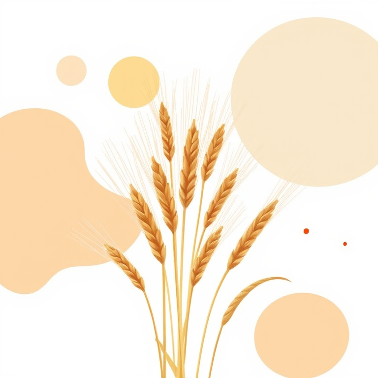 Generate a high-resolution illustration of a bunch of wheat stalks surrounded by abstract shapes, using a Canon EOS R5 with a 50mm lens, f/2.8 aperture, and ISO 100, in daylight with a soft-focus background to enhance visual clarity and depth.