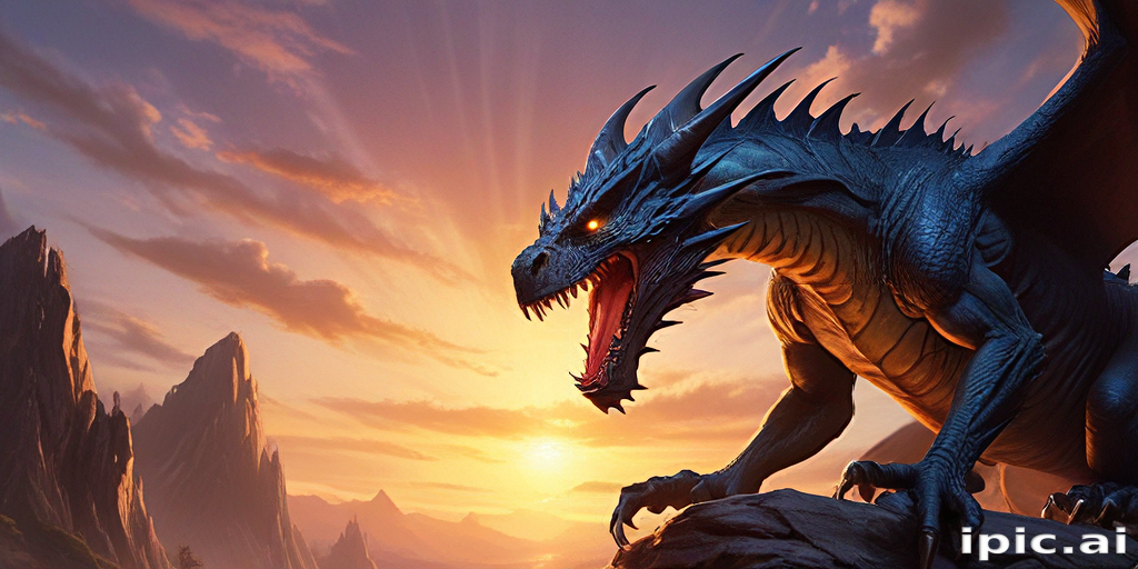 Majestic Dragon Roaring at Sunset Over a Stunning Mountain Landscape
