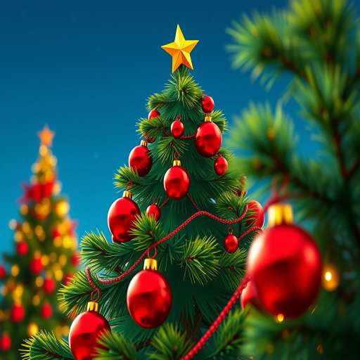 Generate a vibrant cartoon-style Christmas tree adorned with red ornaments and a golden star on top, captured with a Canon EOS R5, 50mm lens, f/1.8 aperture, ISO 100, shot in natural light from a low angle to enhance depth.