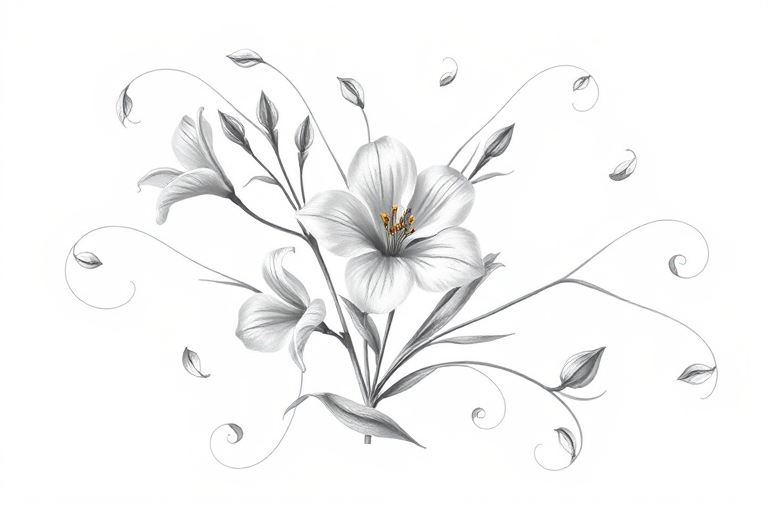 Create a high-resolution botanical illustration of elegant silver flowers and swirling leaves against a clean background, using a DSLR camera with a 50mm lens, aperture f/2.8, ISO 100, and a focus on sharp detail and vibrant contrast.