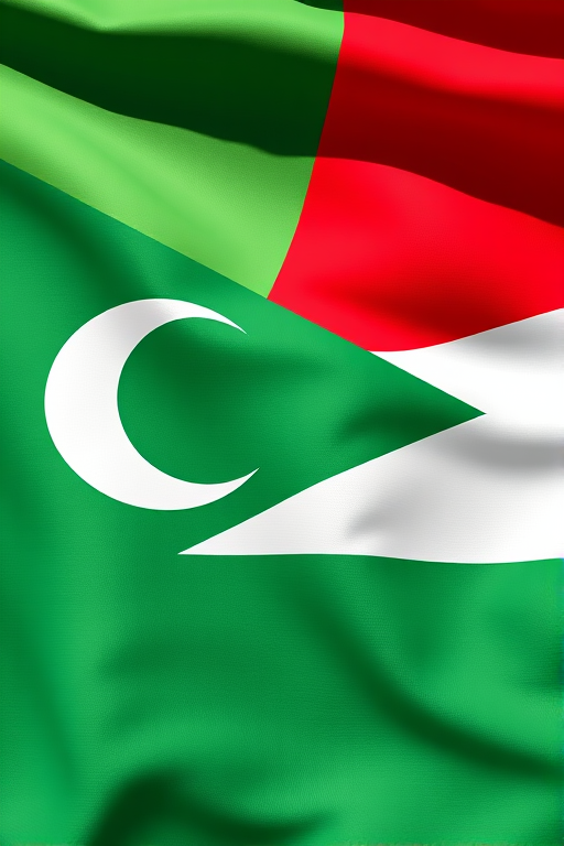 Create a high-resolution image of the Comoros flag, capturing vibrant colors with a focus on the green triangle featuring a white crescent and four stars, using a DSLR camera with a 50mm lens, f/1.8 aperture, ISO 100, and natural lighting for enhanced clarity and detail.