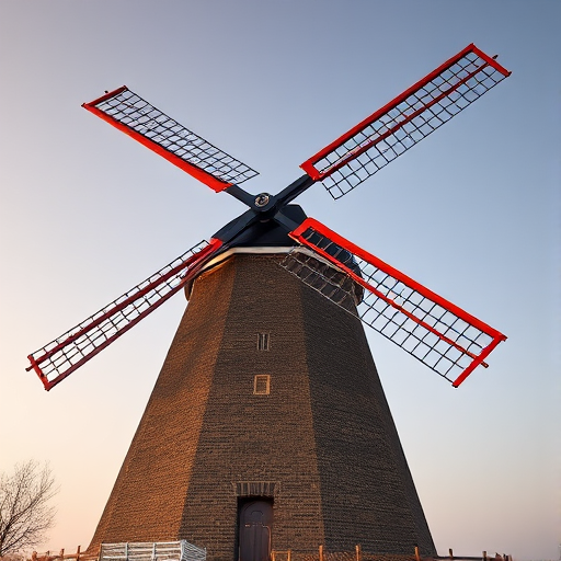 Regenerate a high-definition image of a traditional windmill with an emphasis on intricate details, captured with a DSLR camera using a 50mm lens at f/4, ISO 100, and a low-angle view to enhance the structure's height and grandeur.