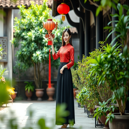 Create an image of a young woman wearing a red traditional blouse and a long black skirt, holding a decorative fish lantern, surrounded by lush greenery in an ancient courtyard, shot with a Canon EOS R5 camera at f/1.8, ISO 100, 50mm lens, with a shallow depth of field for a soft background blur and natural lighting.