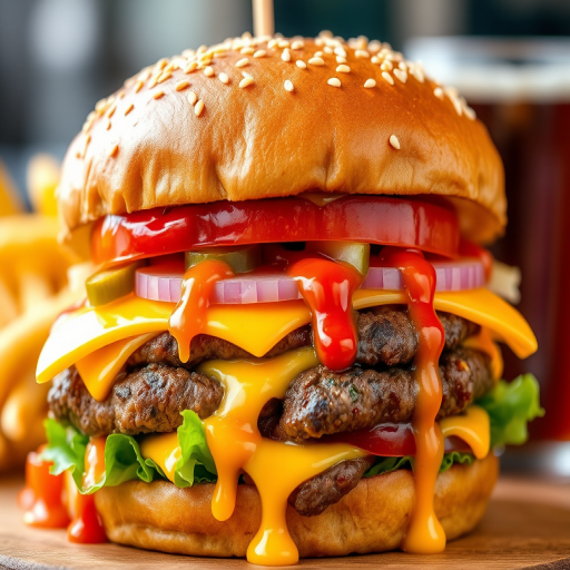 High-resolution, close-up image of a gourmet double cheeseburger. The burger features a glossy, sesame-seed-topped brioche bun. Inside, there are two thick, juicy beef patties, each topped with melted cheddar cheese. The burger is garnished with fresh lettuce, tomato slices, diced onions, and pickles. A generous amount of ketchup and a creamy, orange-colored sauce is dripping down the sides, adding to the mouth-watering appeal. In the background, there are blurred elements including a side of golden French fries and a hint of a beverage, enhancing the overall presentation of a delicious meal.