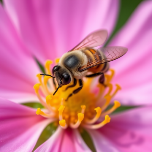 Close-up shot of a bee on a pink flower with yellow stamen, aperture f/2.8, shutter speed 1/200s, ISO 100, macro lens, natural light, DSLR camera.