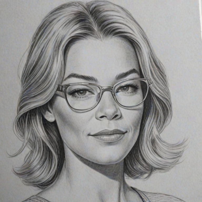Lovely LeAnn Rimes, pencil sketch, portrait of Sublime woman 1955s in glasses, hair style beatnik, outline, clear lines, fine lines, 8k