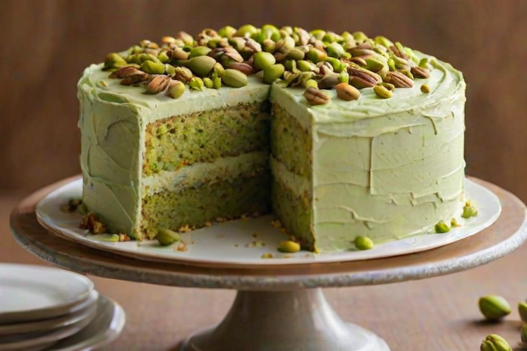 Create an image of a layered cake with a rich pistachio frosting. The cake should be displayed on a decorative cake stand, with a slice cut out to show the layers. The frosting should be smooth and topped with chopped pistachios for garnish. The background should be light and simple to highlight the cake.