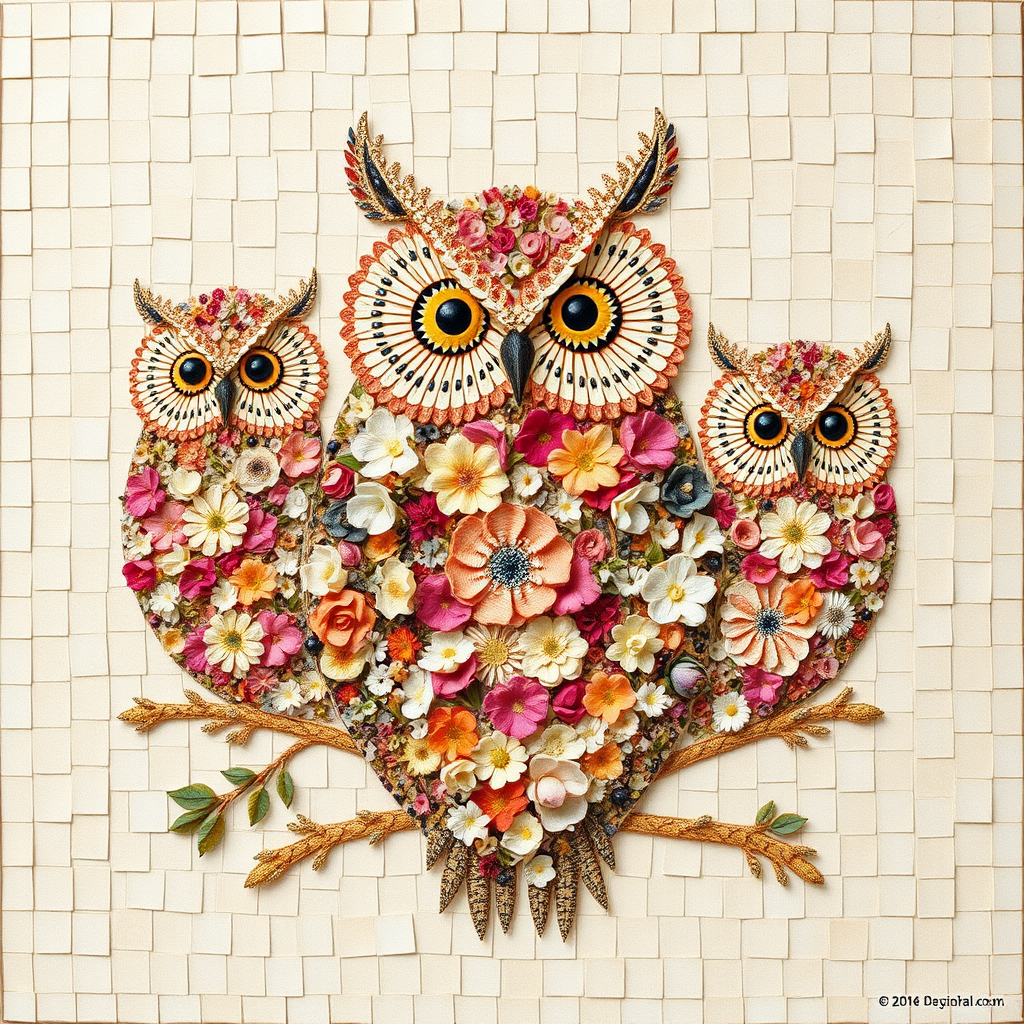 A mosaic of floral owls, each owl intricately composed of individual flower blossoms. The design showcases a delicate balance of nature and form, where the feathers of the owls are replaced by vibrant petals and blooms. The overall appearance is whimsical yet detailed, with each floral element contributing to the intricate patterns of the owl’s body. The artwork embraces a raw, organic style, with natural hues and soft textures, creating a harmonious blend of flora and fauna. The mosaic arrangement adds depth and visual intrigue to the piece, evoking a sense of wonder and artistic beauty.
