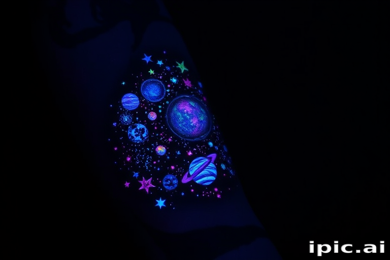 Mystical blacklight tattoo on the forearm, revealing a hidden galaxy scene with glowing stars, planets, and nebulae when exposed to UV light