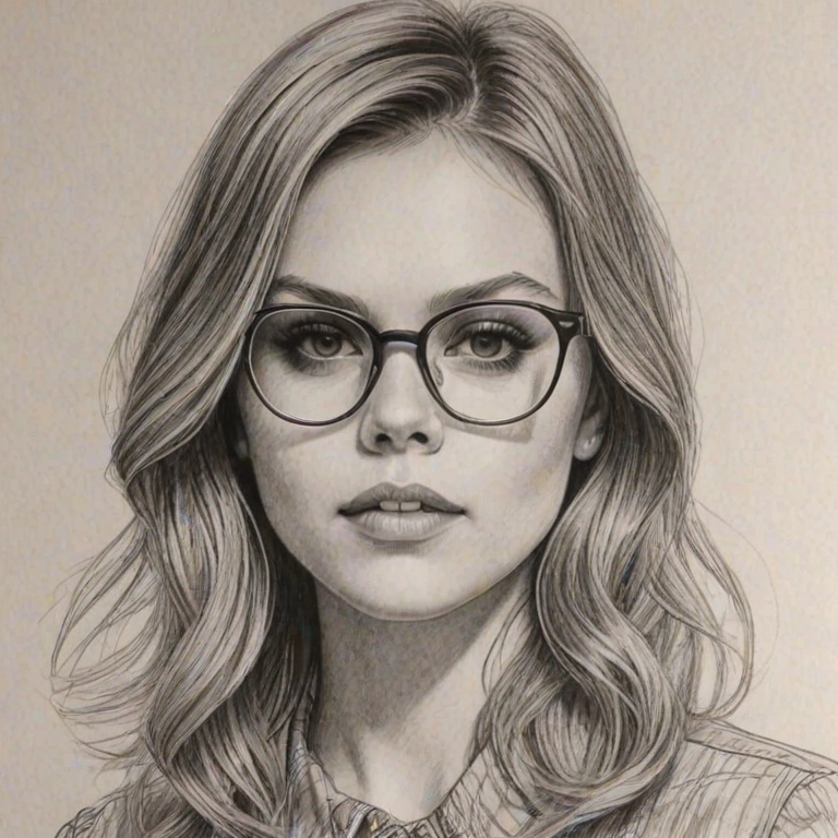 Stunning Aimee Teegarden, pencil sketch, portrait of Bewitching woman 1976s in glasses, hair style beatnik, outline, clear lines, fine lines, 8k