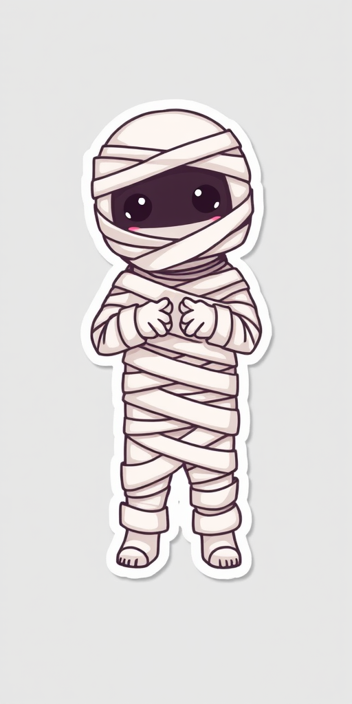 create a kawaii Mummy wrappings sticker, 3d digital art, grey background, sticker line weight