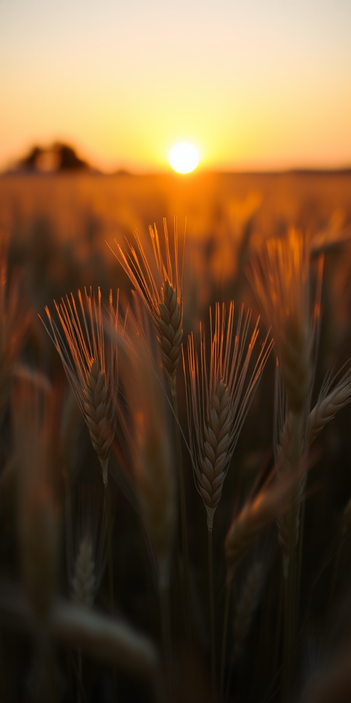 wheat field at sunset with a shallow depth of field, f/1.8 aperture, 35mm lens, ISO 100, shot with a DSLR camera at golden hour for warm, soft lighting and enhanced texture