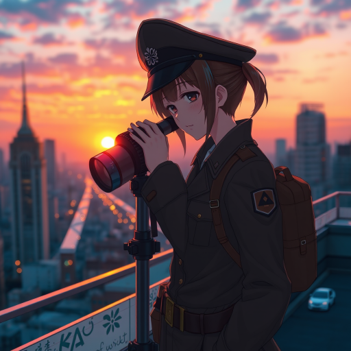 realistic anime character in military attire on a city rooftop at sunset, using a telescope, 50mm lens, f/1.8 aperture, ISO 100, shallow depth of field, vibrant colors, cinematic lighting, high dynamic range photography, DSLR camera
