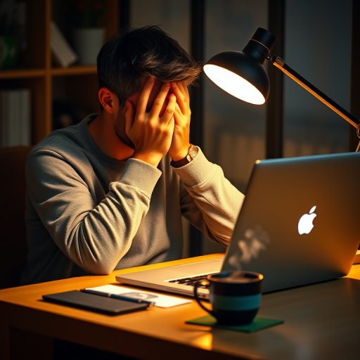 Create an image of a person sitting at a desk in a cozy setting, with their hands covering their face in a gesture of frustration, a laptop in front of them, a steaming cup of coffee beside the laptop, and a warm desk lamp illuminating the scene; captured with a Canon EOS R5, 50mm lens, f/1.8 aperture, ISO 100, and a soft-focus background for depth.