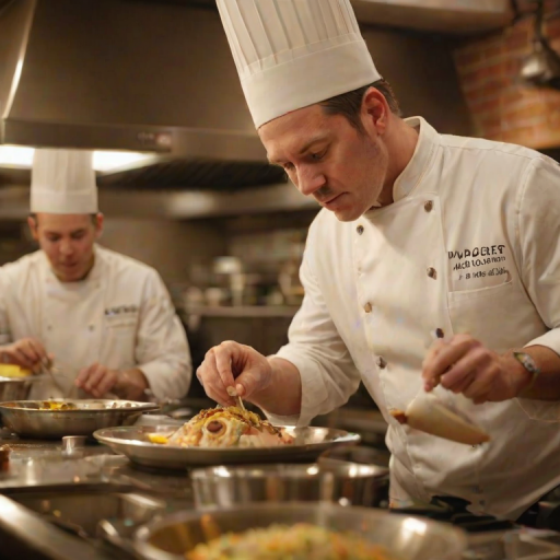 Warmly lit photo of a chef carefully plating a gourmet dish in a restaurant kitchen, soft golden light illuminating the intricate details of the food, with other chefs blurred in the background.