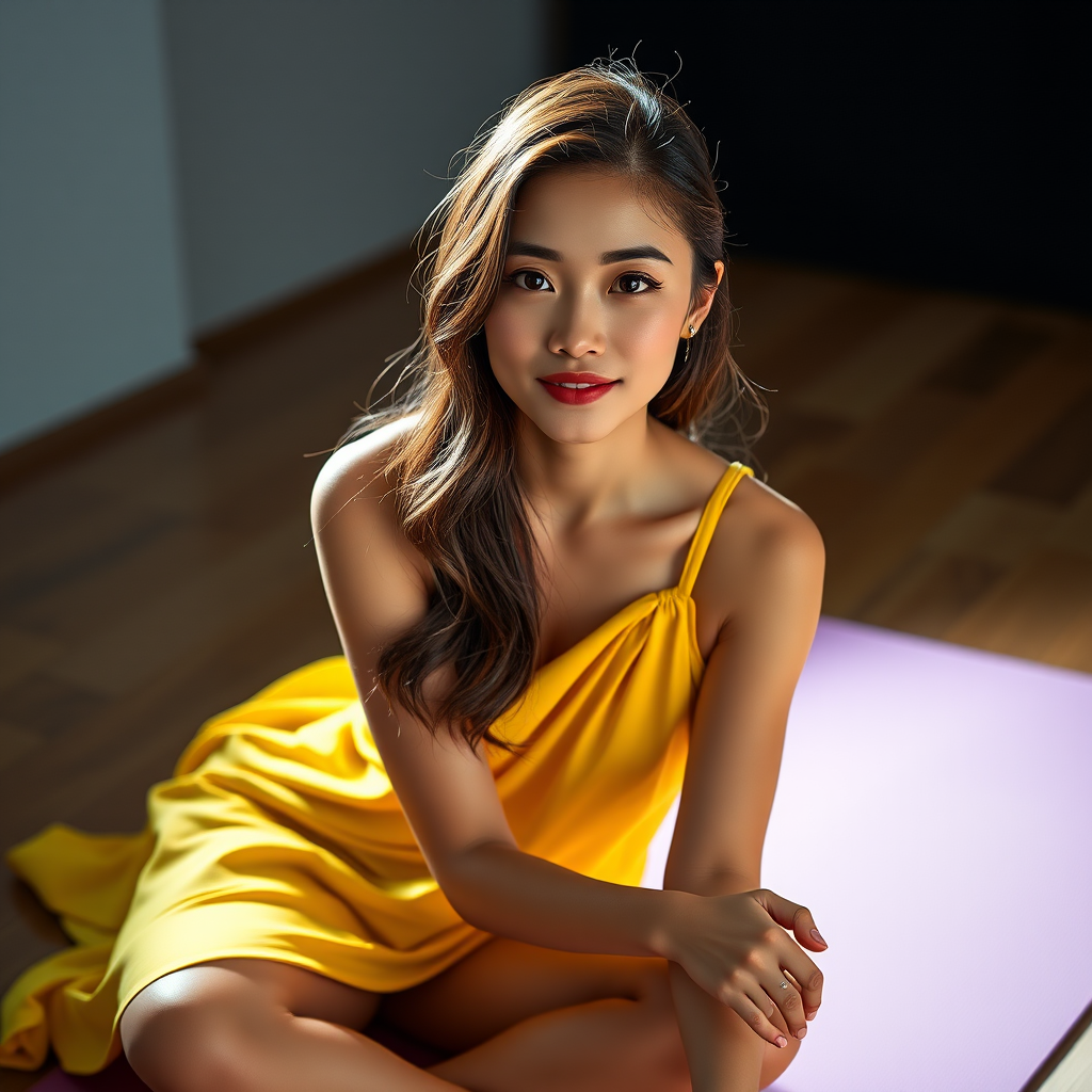 Resplendent photo of woman:Chinese:0.4, highlight hair, wearing Banana dress, sitting on Yoga mat, rim lighting, studio lighting, looking at the camera, dslr, ultra quality, sharp focus, tack sharp, dof, film grain, Fujifilm XT3, crystal clear, 8K UHD, highly detailed glossy eyes, high detailed skin, skin pores