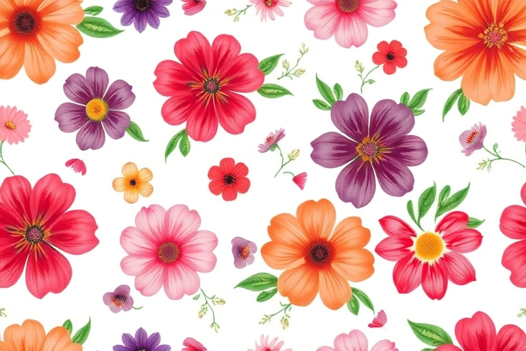 create a seamless floral pattern with a variety of colorful flowers including pink, purple, orange, and red on a white background