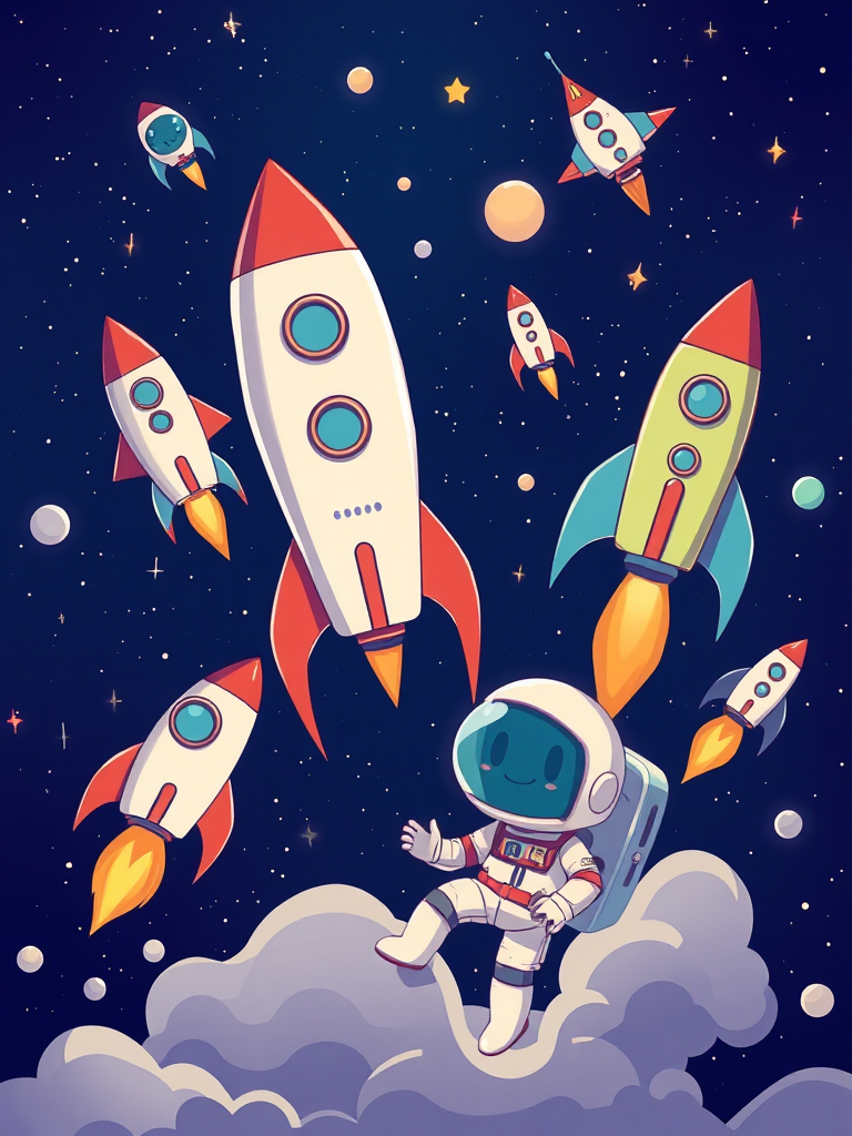 Create a high-resolution digital illustration of various cartoon rockets and an astronaut in space, using a DSLR camera style with a wide-angle lens at f/8, ISO 100, and a 24mm focal length, ensuring vibrant colors and detailed textures against a starry background.
