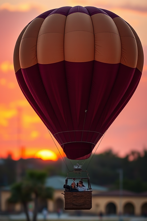 Create an image of a vintage hot air balloon with a textured maroon fabric, set against a vibrant sunset background, captured with a DSLR camera at f/8 aperture, 50mm lens, ISO 100, shallow depth of field for a soft blurred background, and a slight upward angle to emphasize the balloon's height.