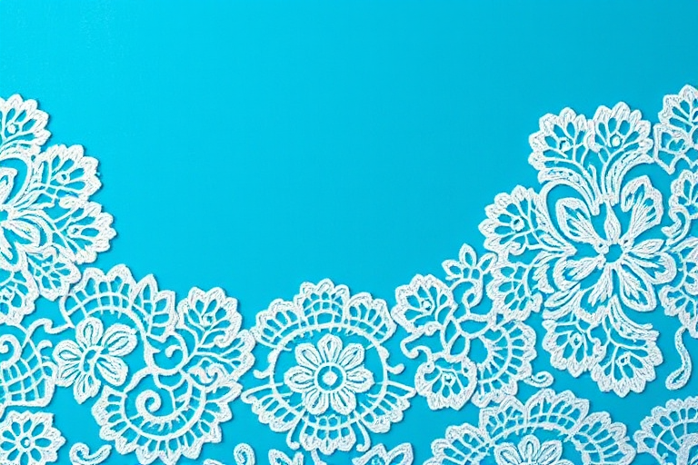 create a vibrant blue decorative background with intricate lace patterns, shot with a Canon EOS 5D Mark IV, 50mm lens, aperture f/2.8, ISO 100, in natural light, high resolution, flat lay style