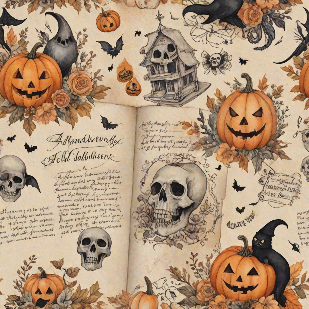 Design a detailed watercolor, vintage-inspired Halloween-themed imagery for a cottagecore junk journal. The design features a spooky yet shabby chic aesthetic with handwritten elements in faded ink, showing slight wear. Include pumpkins, cute ghosts, and adorable skulls alongside autumn florals, all rendered in soft pastel colors like pale orange, cream, and black for accents. The imagery has a slight worn or parchment texture, creating a nostalgic feel. The high-resolution image has no blur, contrast, or grainy textures, and is filled with intricate details in 8k definition.