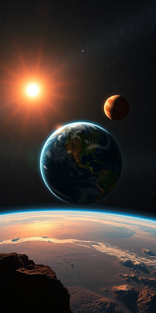 Generate a high-resolution image of Earth and Mars in a cosmic space scene with a vibrant sun in the background, using a Canon EOS R5 camera, 24mm f/1.4 lens, aperture set to f/8, ISO 100, and a panoramic view.