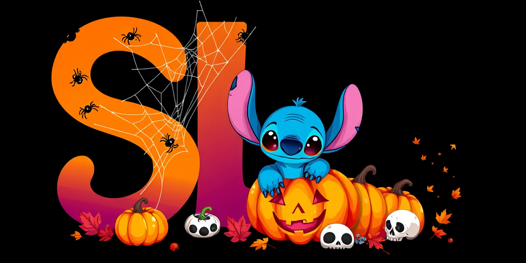 A whimsical and vibrant Halloween-themed digital illustration featuring the letter "S" adorned with spider webs, small bats, and cute spiders. At the base of the letter, a playful alien character similar to Stitch is peeking out from inside a carved pumpkin with glowing eyes, surrounded by additional pumpkins, a small skull, and autumn leaves. The letter is gradient-colored from orange to purple, adding a magical atmosphere to the scene, black background