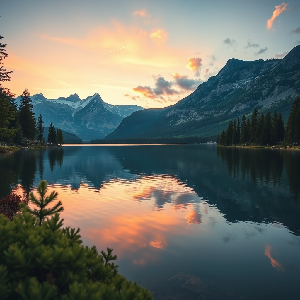 Create a high-resolution image of a serene landscape featuring a calm lake surrounded by mountains and pine trees during sunset, taken with a Canon EOS R5, 50mm lens, f/1.8 aperture, ISO 100, using a wide-angle perspective.