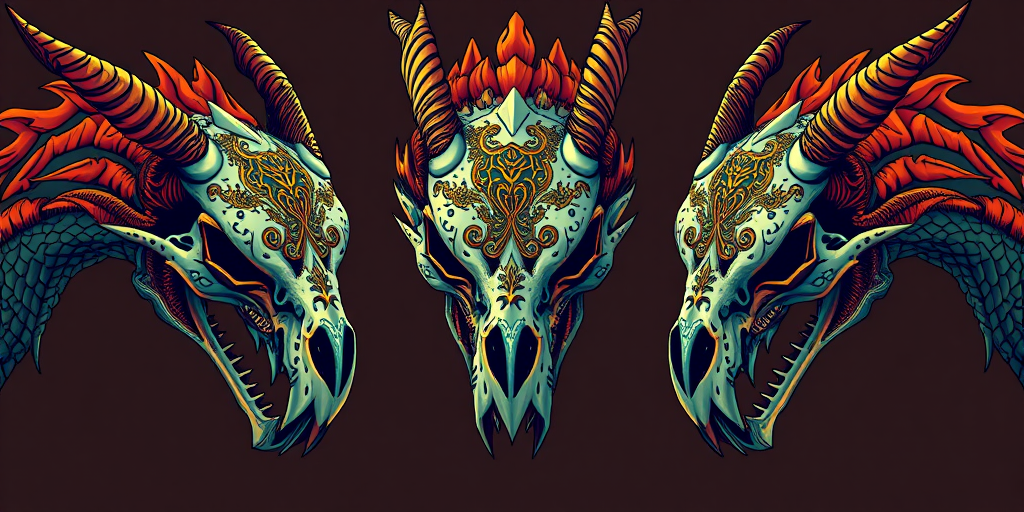 Create a high-resolution digital illustration of three stylized dragon skulls with intricate patterns, using a Canon EOS R5 camera with a 50mm f/1.2 lens, at an aperture of f/5.6, ISO 200, and a soft light setup to enhance the vivid colors and sharp details.