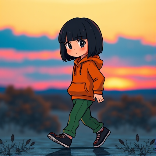 A stylized cartoon character with a black bob haircut wearing an orange hoodie and green pants walking in a vibrant sunset landscape with blue and orange sky, DSLR camera, f/2.8 aperture, ISO 100, 50mm lens, natural lighting, soft focus background.