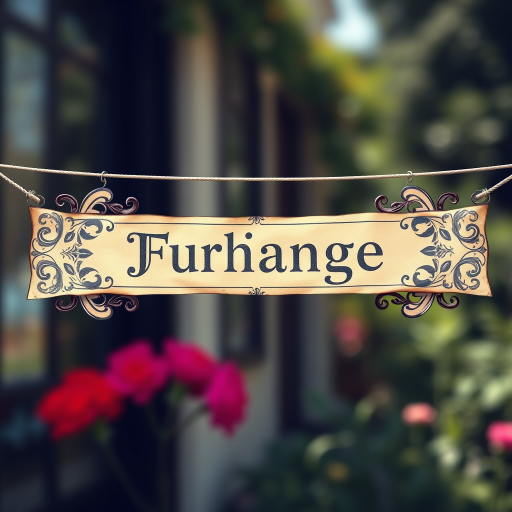 Create a vintage decorative banner with intricate floral and scroll designs on either side, in high resolution, taken with a DSLR camera at f/8 aperture, 50mm lens, with natural lighting and a shallow depth of field for a soft background blur.