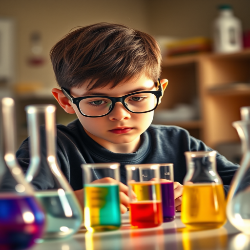 A young boy in glasses focused on conducting an experiment at a laboratory table filled with colorful beakers and scientific equipment, warm natural light, 50mm lens, aperture f/2.8, ISO 100, soft focus background, high dynamic range, realistic style.