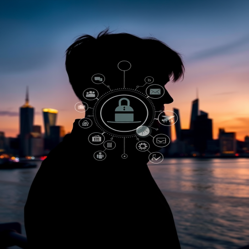silhouette of a person interacting with digital icons against a city skyline, aperture f/2.8, shutter speed 1/100s, ISO 100, wide-angle lens, high dynamic range photography, taken with a DSLR camera