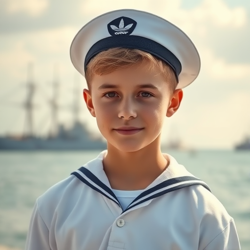 portrait of a young sailor in a crisp white uniform with a navy cap standing by the ocean with a tall ship in the background, captured with a Canon EOS R5, 50mm f/1.2, aperture f/2.8, ISO 100, natural lighting, cinematic style