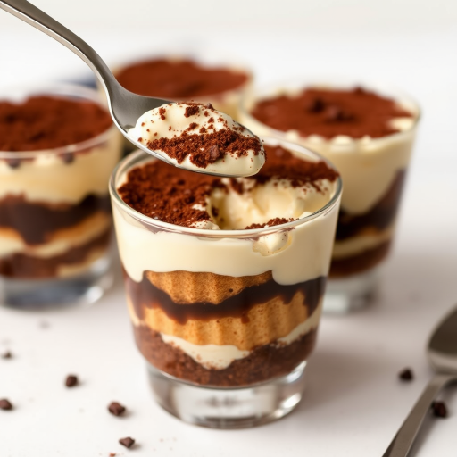 Create an image of a delicious tiramisu dessert in a clear glass. The dessert has layers of creamy mascarpone cheese and coffee-soaked ladyfingers, topped with a dusting of cocoa powder. A spoon is lifting a portion of the dessert, revealing the rich texture and layers inside. The background is minimalistic and light, emphasizing the dessert's appealing appearance.