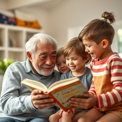 Create a heartwarming scene of an elderly man reading a book to three young children, capturing their expressions of joy and curiosity, use a Canon EOS R5 with an 85mm f/1.2 lens, aperture set to f/2.8, ISO 100, natural soft lighting from the side, shallow depth of field, in a bright and airy indoor setting.