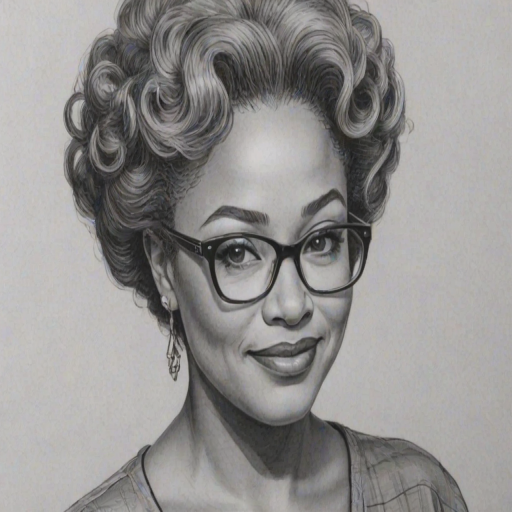 Attractive Kim Fields, pencil sketch, portrait of Fascinating woman 1951s in glasses, hair style beatnik, outline, clear lines, fine lines, 8k