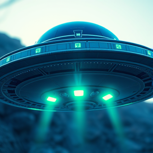 Create a vibrant, high-resolution illustration of a futuristic UFO with a shiny blue dome and glowing green lights, captured from a low-angle view using a DSLR camera set to f/2.8, ISO 100, shutter speed 1/200s, in daylight conditions for enhanced brightness and clarity.
