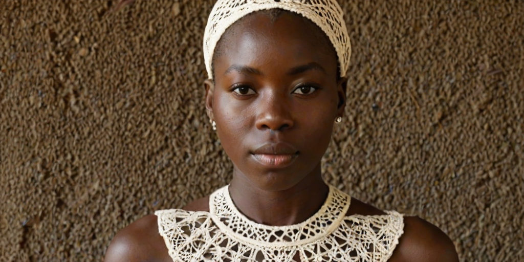 Face, shoulders, chest covered in openwork Yoruba embroidery. Raw, unedited image.