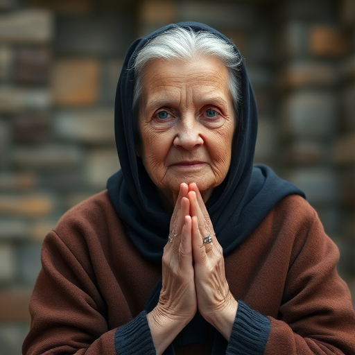 Create a portrait of an elderly woman in a black and brown cloak, hands clasped in prayer, soft natural lighting, shallow depth of field, shot from eye level, using a DSLR camera with a 50mm lens at f/1.8, ISO 200, and a warm color palette.