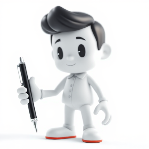 3D character holding a pen, white background, soft lighting, shallow depth of field; camera settings: f/2.8, ISO 100, shutter speed 1/125s; camera view: close-up; camera style: studio; camera type: DSLR.