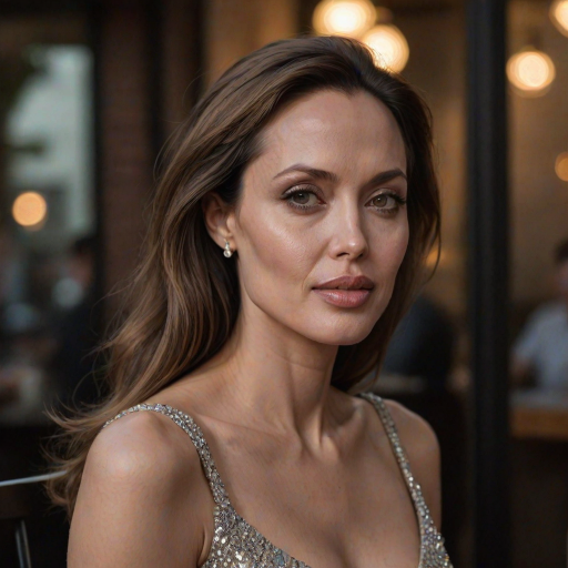 photo of young [woman:angelina jolie:0.4], highlight hair, sitting outside restaurant, wearing dress, rim lighting, studio lighting, looking at the camera, dslr, ultra quality, sharp focus, tack sharp, dof, film grain, Fujifilm XT3, crystal clear, 8K UHD, highly detailed glossy eyes, high detailed skin, skin pores