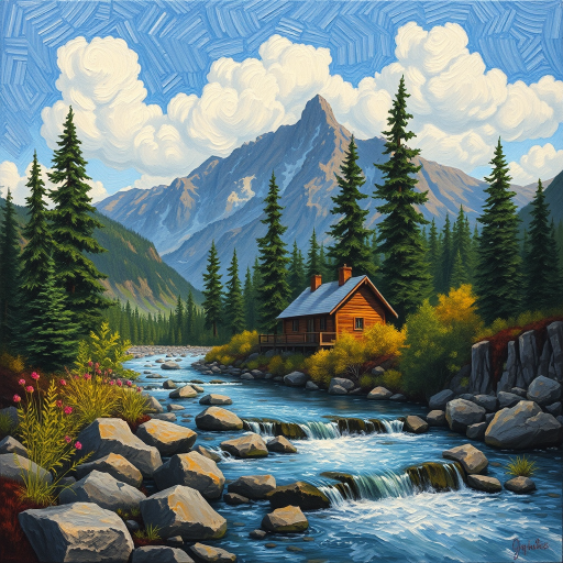 This Van Gogh-inspired painting depicts a peaceful scene of a small cabin located near a flowing river. The scene is surrounded by lush vegetation, including tall trees and rocky terrain. In the background, majestic mountains rise under a sky filled with rolling clouds. The river gently cascades over the rocks, adding a sense of movement and tranquility to the scene. The use of vibrant colors and detailed brushstrokes create a sense of depth and harmony in the natural setting.