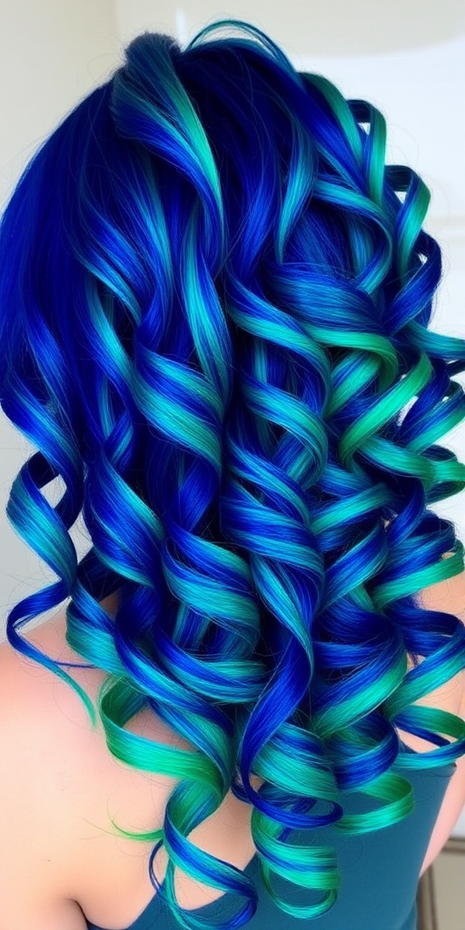 Bold sapphire blue to emerald green color melt styled in tight spiral curls, creating a mesmerizing jewel-toned cascade of vibrant hues